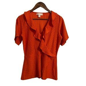 MICHAEL Michael Kors Womens Orange Faux Wrap Eyelet Ruffle Blouse Small